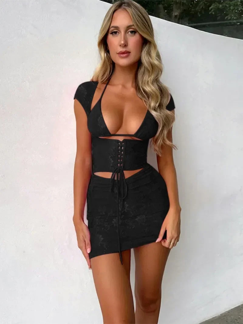 2024 Summer Hollow Out Halter Bandage Lace Dress - View 3