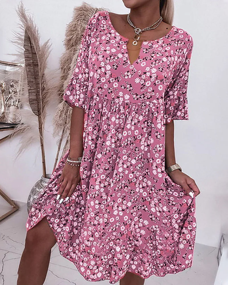 Floral Print V-Neck Short Sleeve Tiered Smock Midi Dress