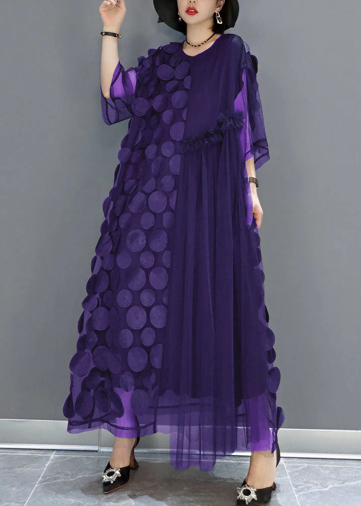 Mesh Asymmetrical Round Neck Elbow Sleeve Disc Maxi Party Dress - View 3