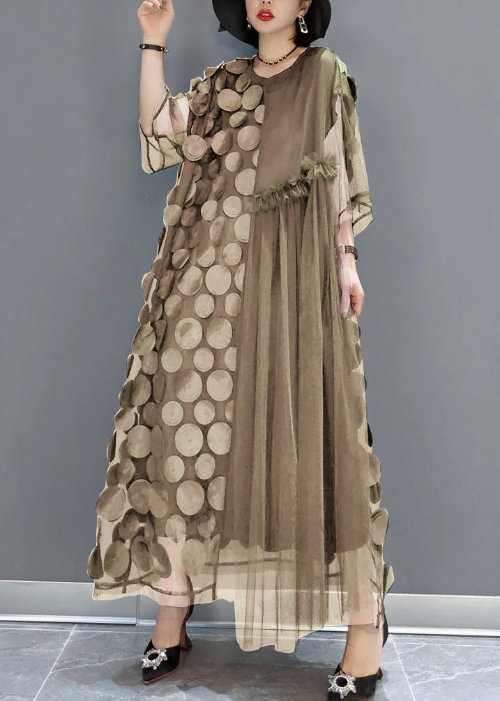 Mesh Asymmetrical Round Neck Elbow Sleeve Disc Maxi Party Dress - View 10