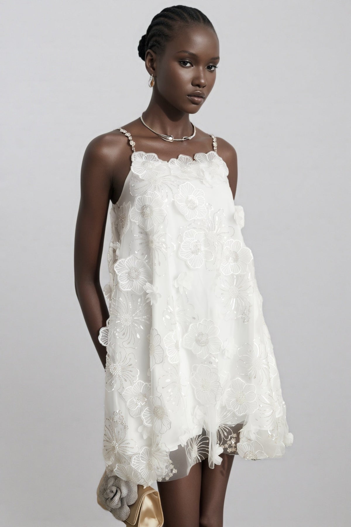 3D Floral Applique Sequin Spaghetti Strap Tulle Mini Dress - View 7
