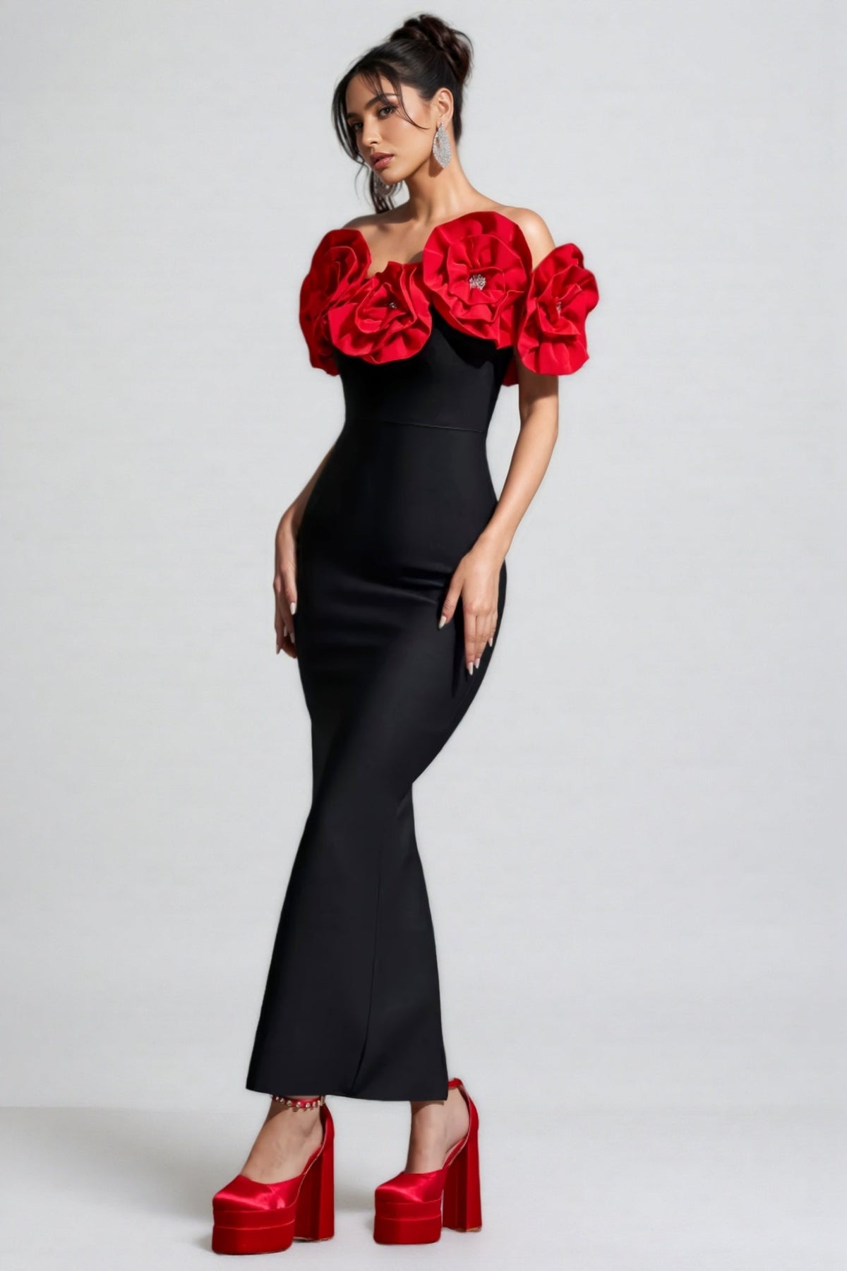 Bandage 3D Rose Off Shoulder Bodycon Maxi Dress - View 3
