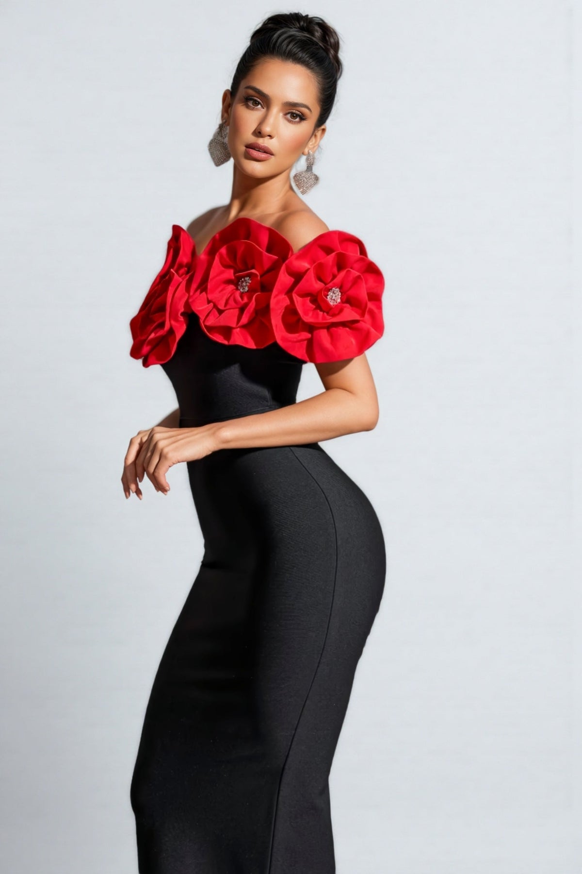 Bandage 3D Rose Off Shoulder Bodycon Maxi Dress - View 2