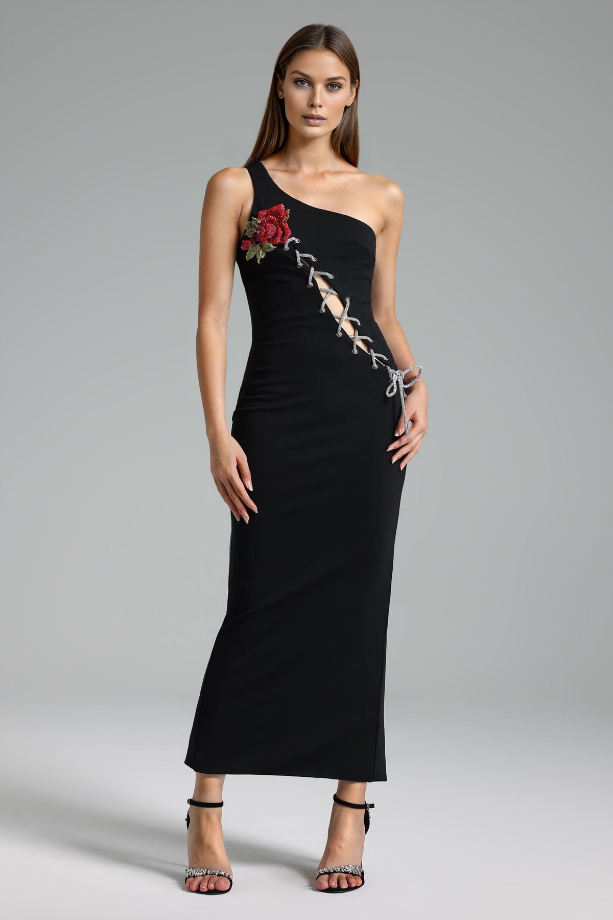 One Shouder Lace Up Maxi Dress