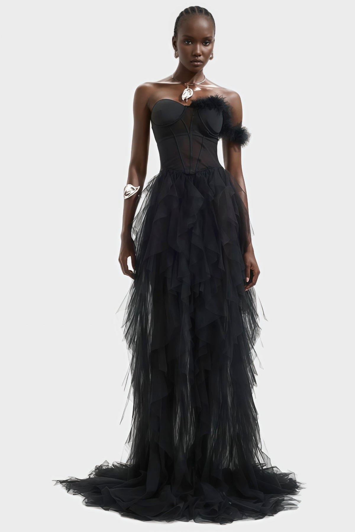 Mia One Shoulder Feather Maxi Dress