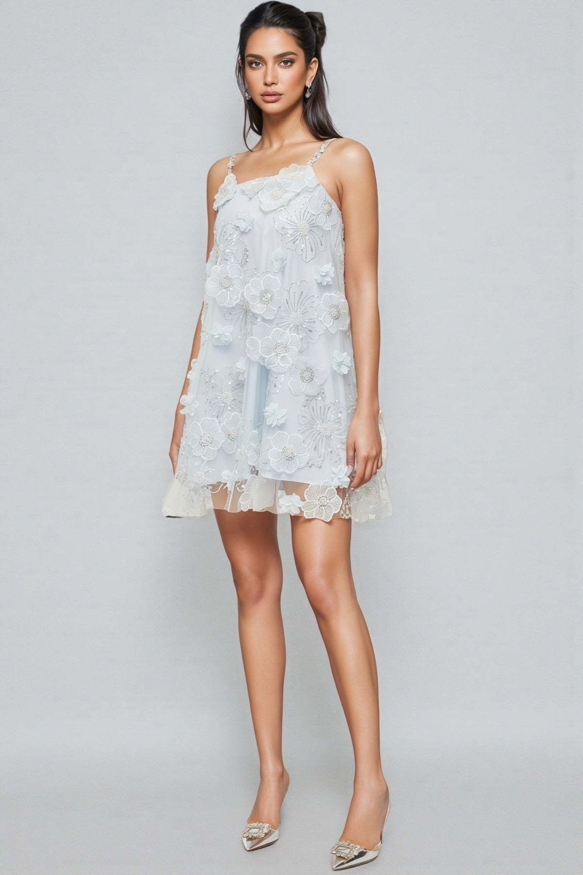 3D Floral Mesh Spaghetti Strap Beaded A-Line Mini Dress - View 3