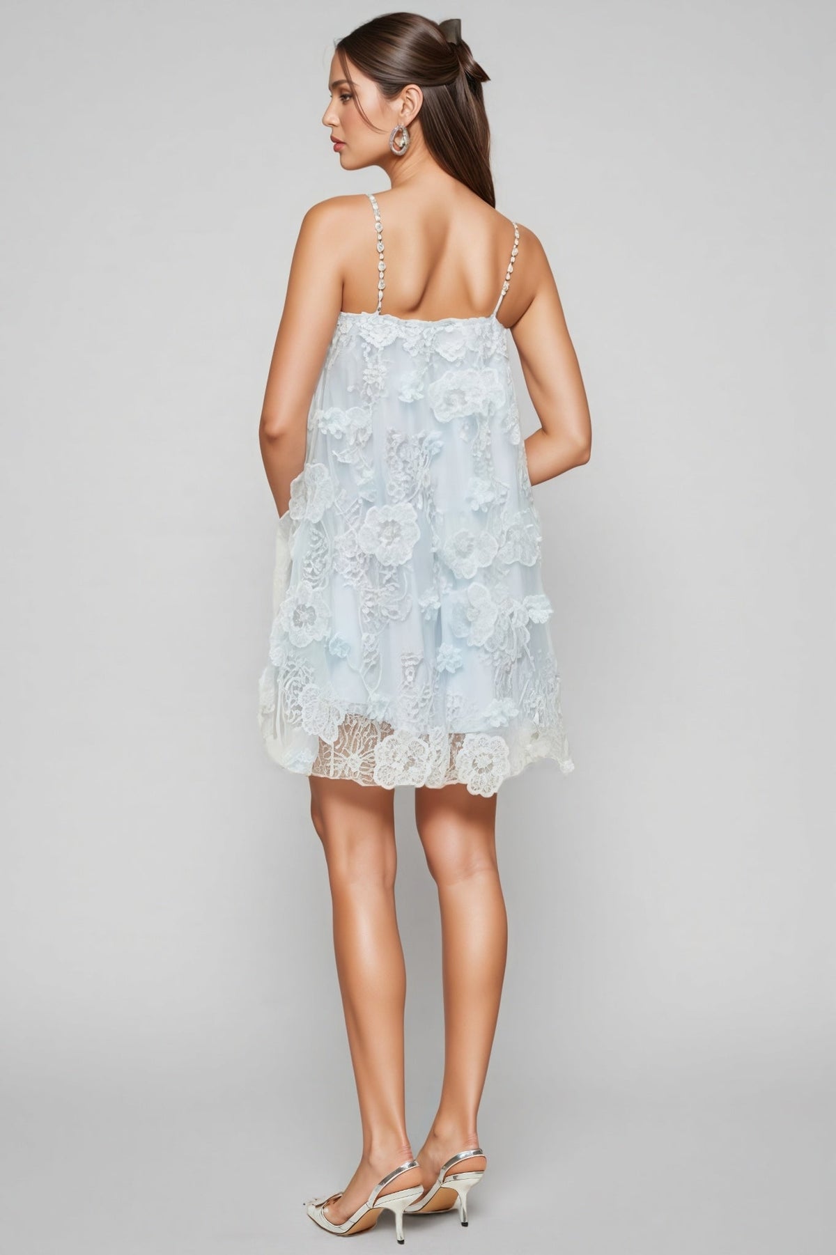 3D Floral Mesh Spaghetti Strap Beaded A-Line Mini Dress - View 5