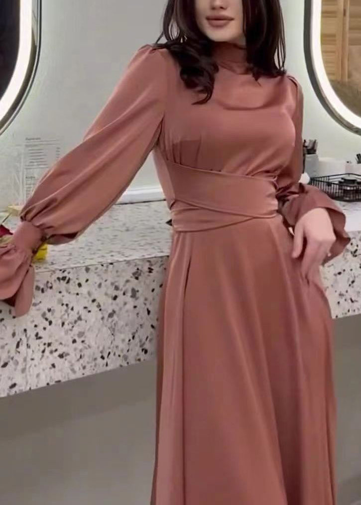 Satin Mock Neck Bishop Sleeve Wrap Tie Waist Floor Length Dress - View 2