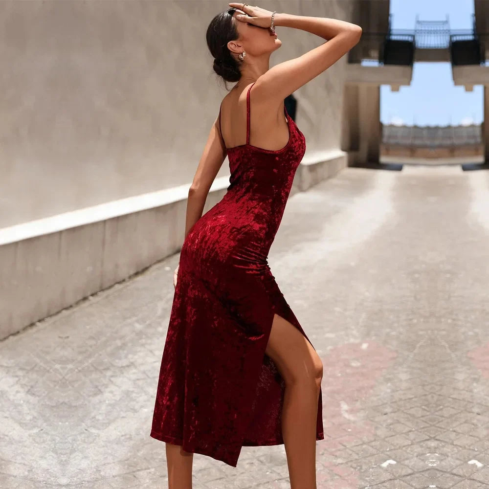 Autumn/Winter Puss Temperament Slimfit Velvet Slit Elegant Midi Dresses - View 3