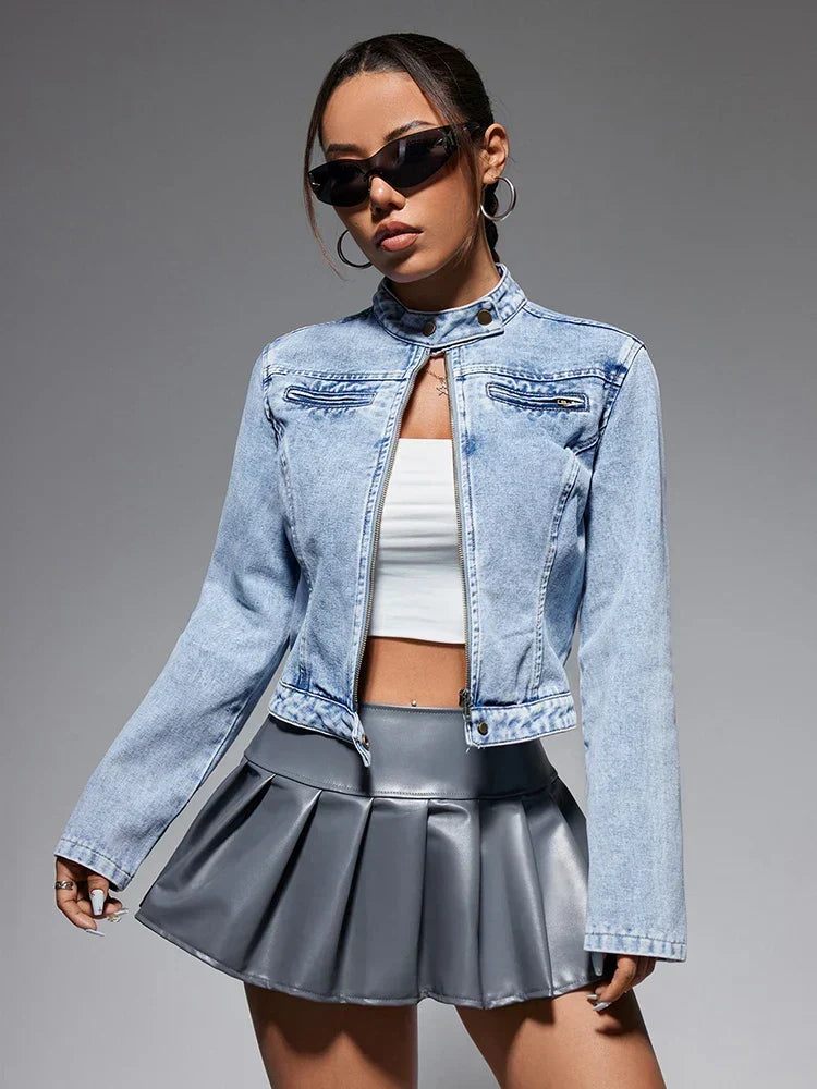 Streetwear Denim Cropped Gothic Button Ripped Bomber Long Sleeve Jacket Blue / Xs
