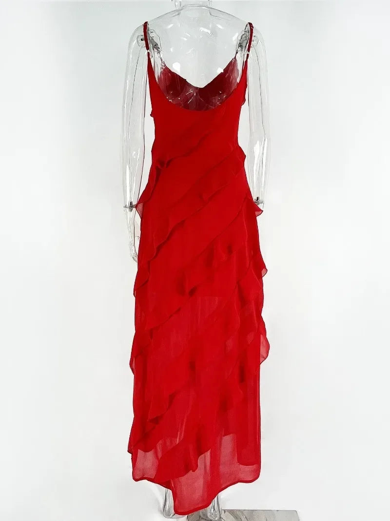 Ruffle Trim Spaghetti Strap V-Neck Chiffon Maxi Dress 6