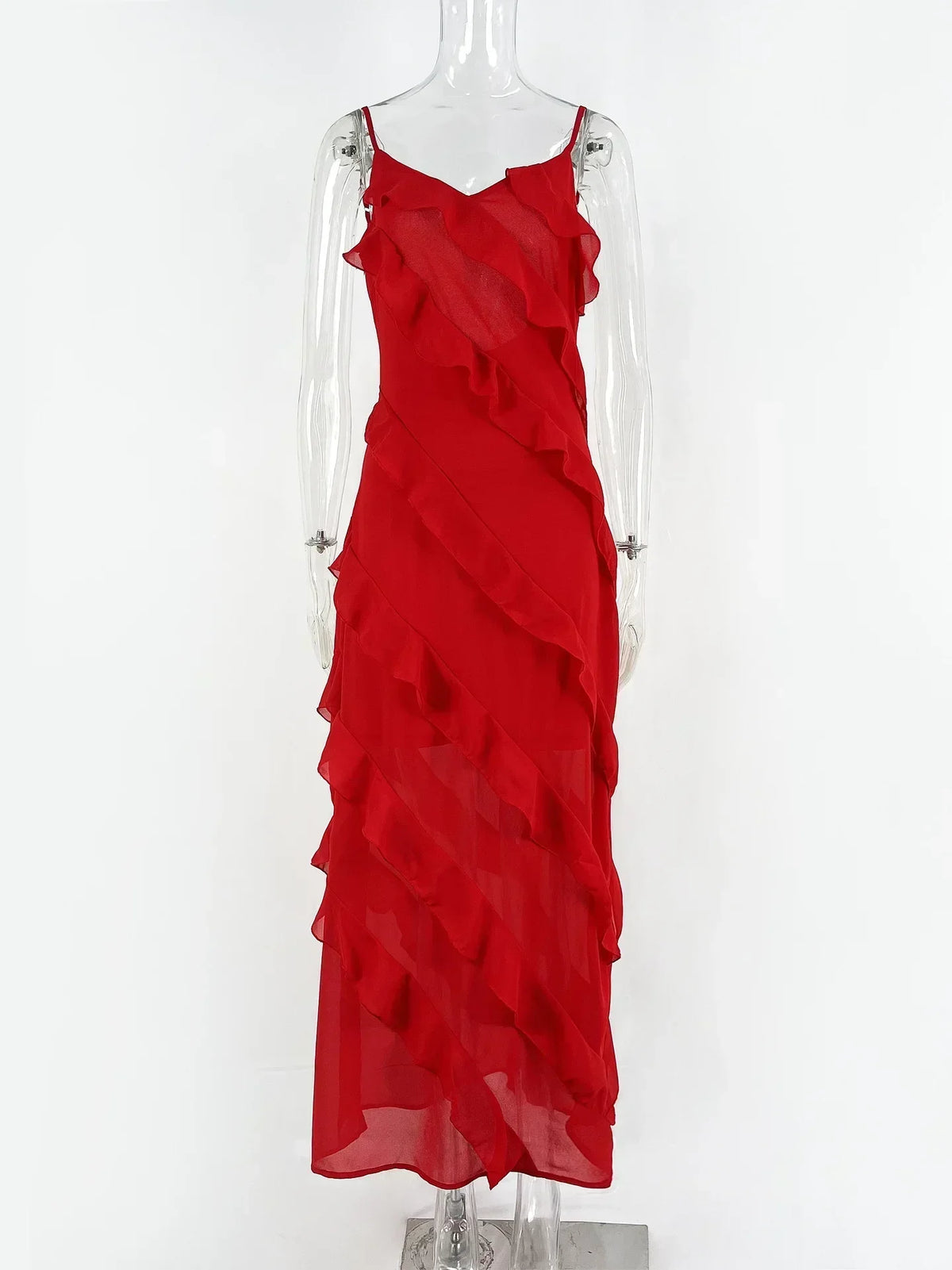 Ruffle Trim Spaghetti Strap V-Neck Chiffon Maxi Dress 5