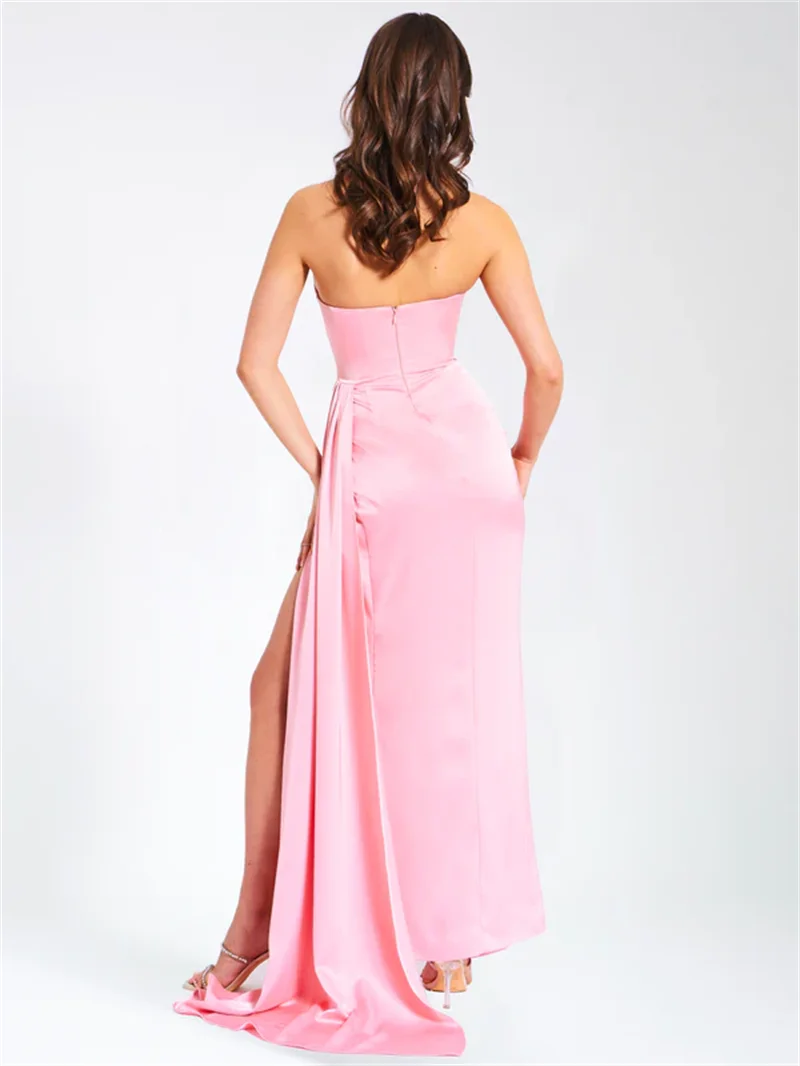 Strapless Sweetheart Rhinestone Ruched High Split Satin Maxi Dress 6