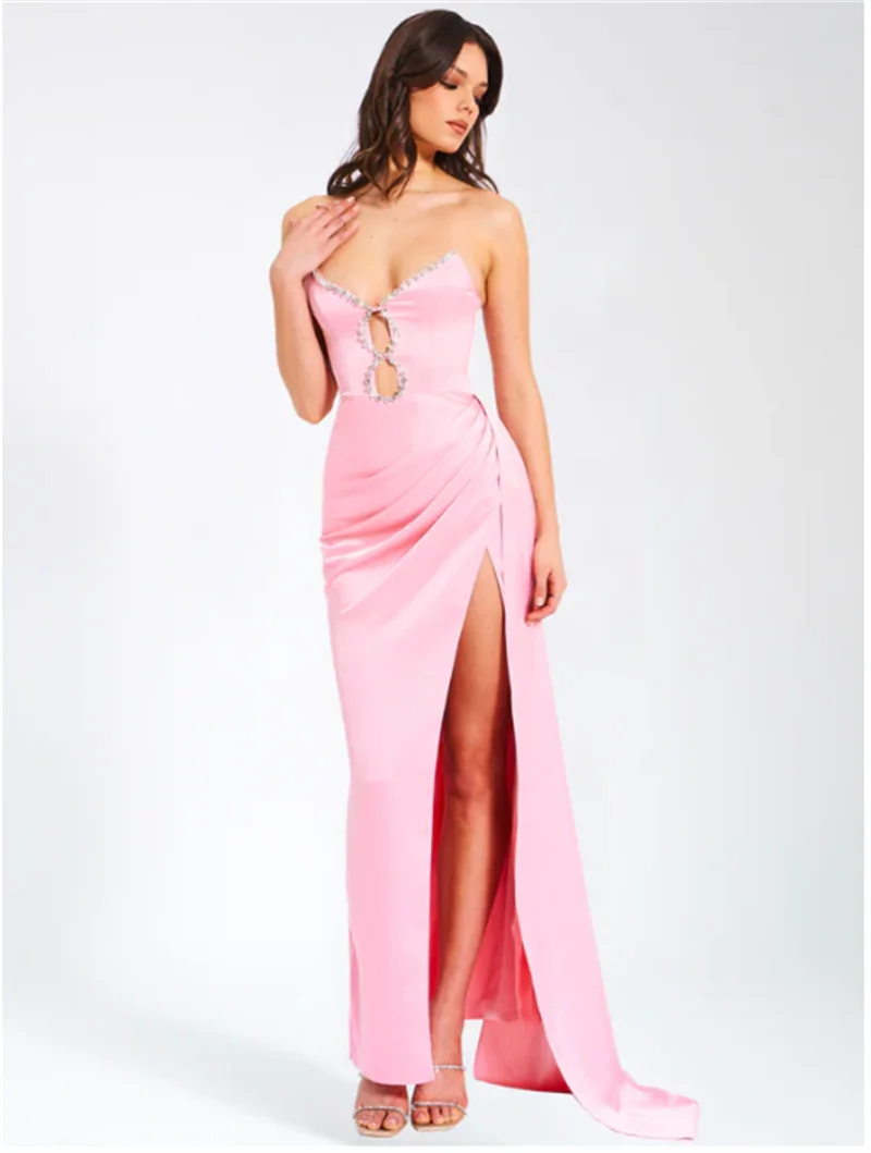 Strapless Sweetheart Rhinestone Ruched High Split Satin Maxi Dress 3