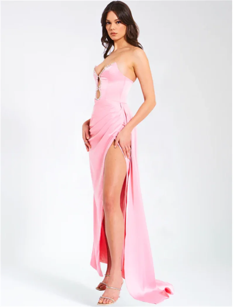 Strapless Sweetheart Rhinestone Ruched High Split Satin Maxi Dress 2