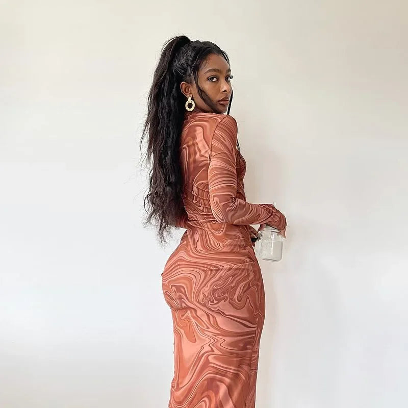 Marble Print Crew Neck Long Sleeve Bodycon Maxi Dress - View 4