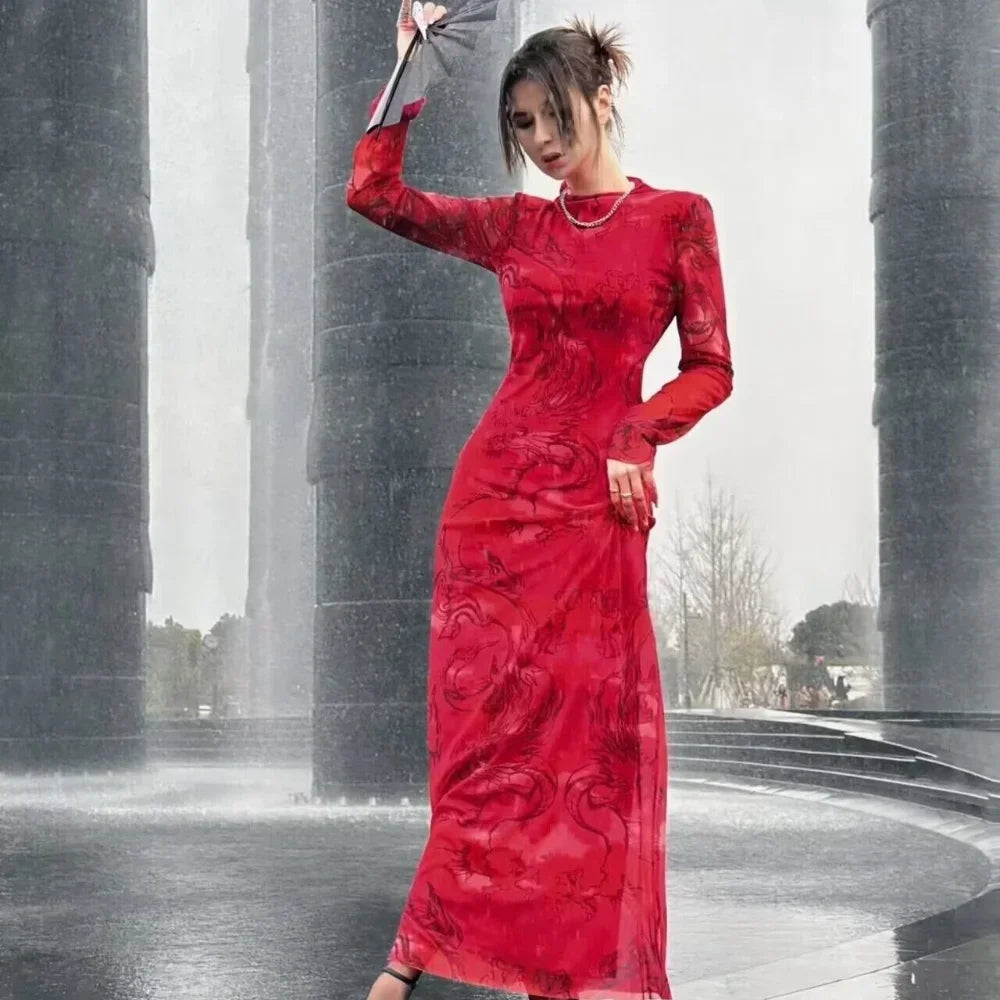 Limited Printed Screen Dress Style Year Loong Party Dress
