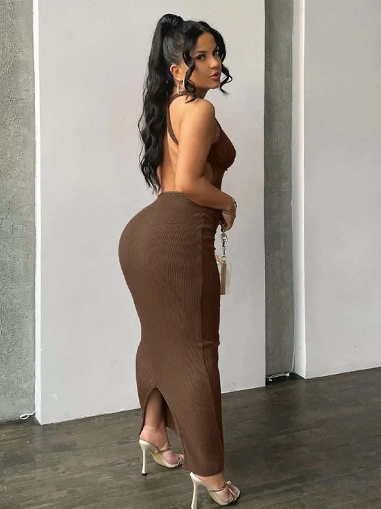 Mock Neck Sleeveless Cut Out Back Bodycon Knit Maxi Dress - View 2