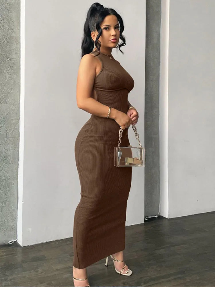 Mock Neck Sleeveless Cut Out Back Bodycon Knit Maxi Dress
