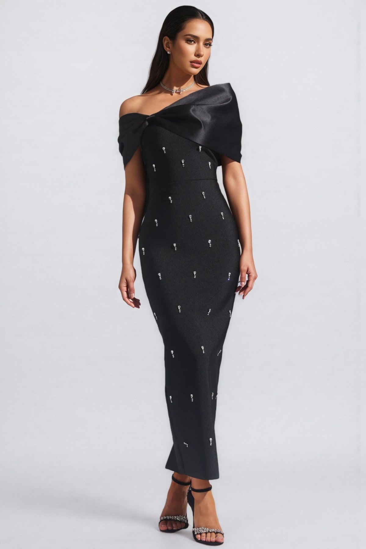 Crystal Embellished Asymmetric Off Shoulder Fold Maxi Dress