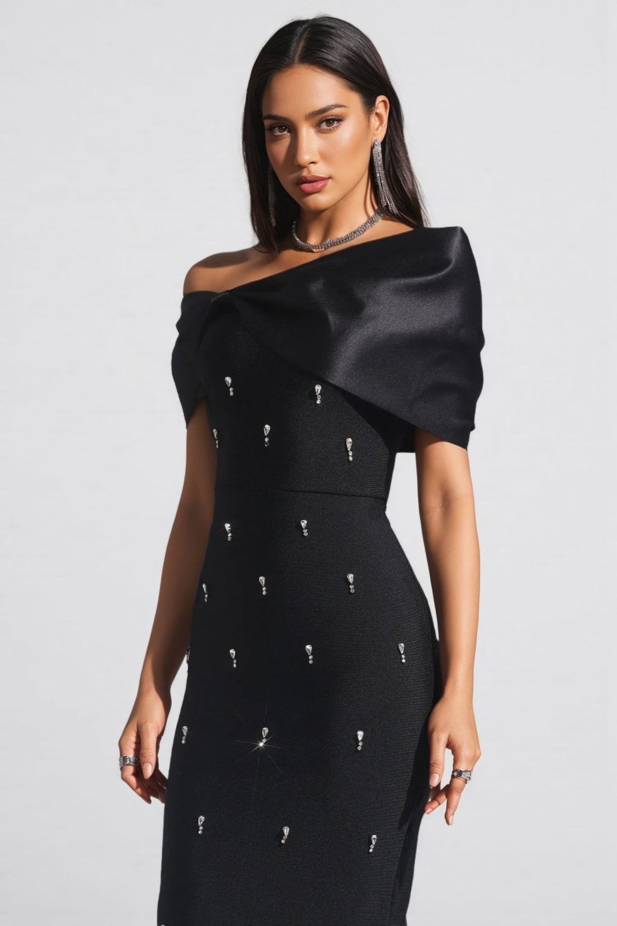 Crystal Embellished Asymmetric Off Shoulder Fold Maxi Dress - View 4