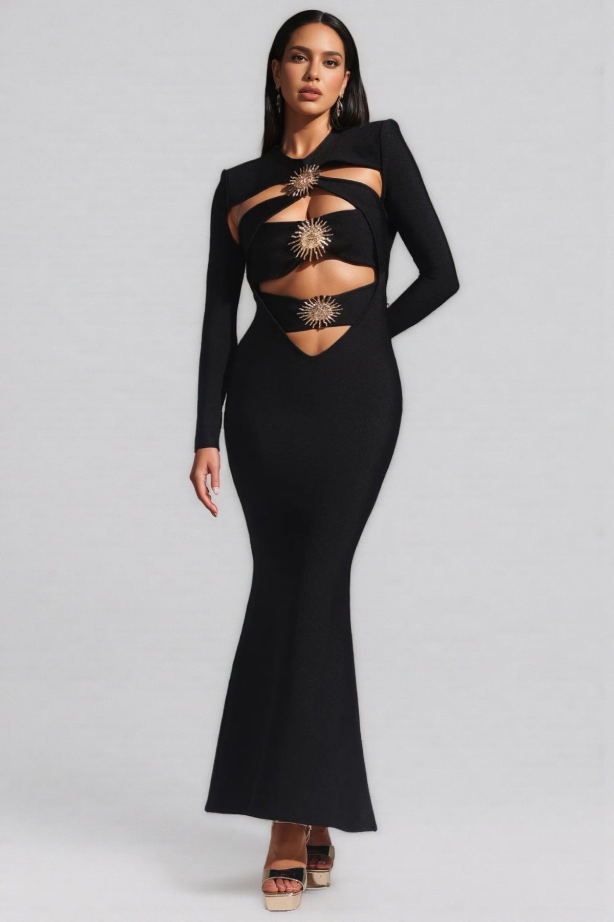 Cut Out Long Sleeve Sunburst Medallion Mermaid Bandage Maxi Gown