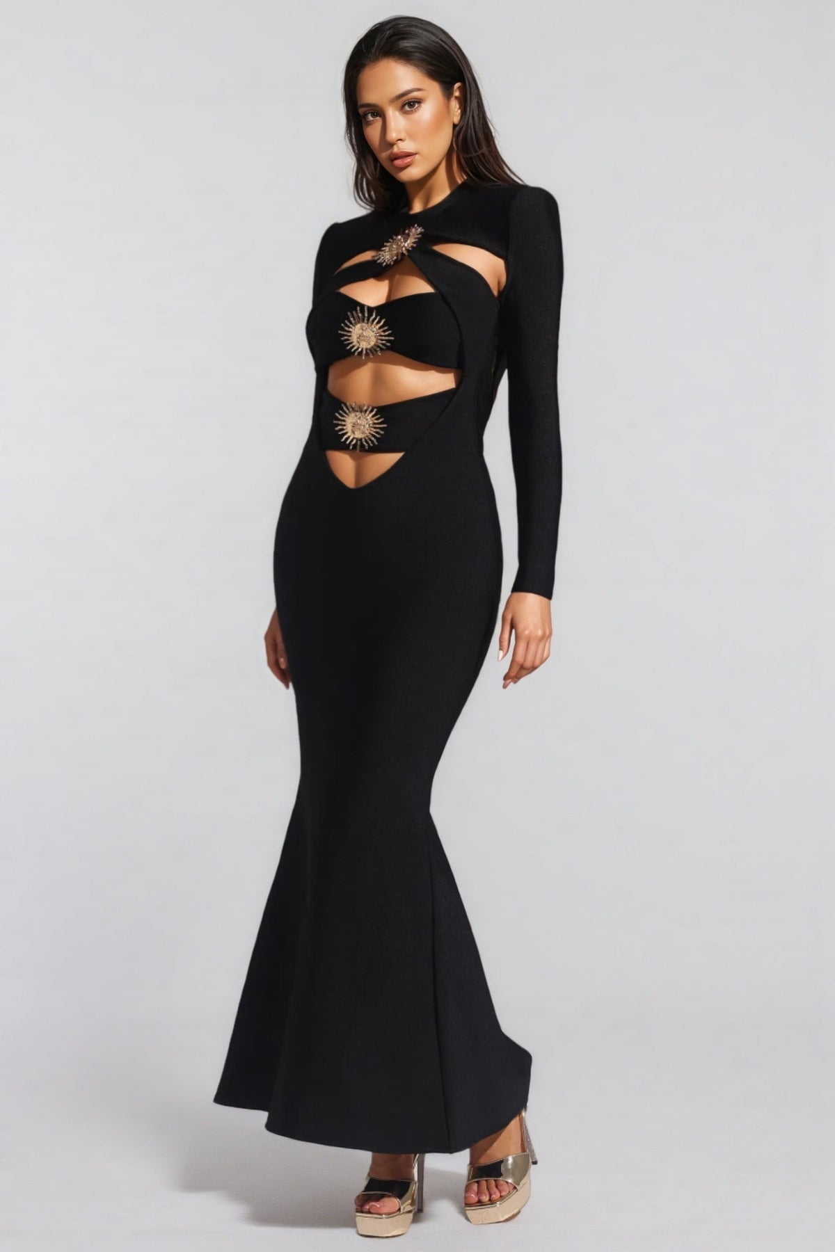 Cut Out Long Sleeve Sunburst Medallion Mermaid Bandage Maxi Gown - View 4