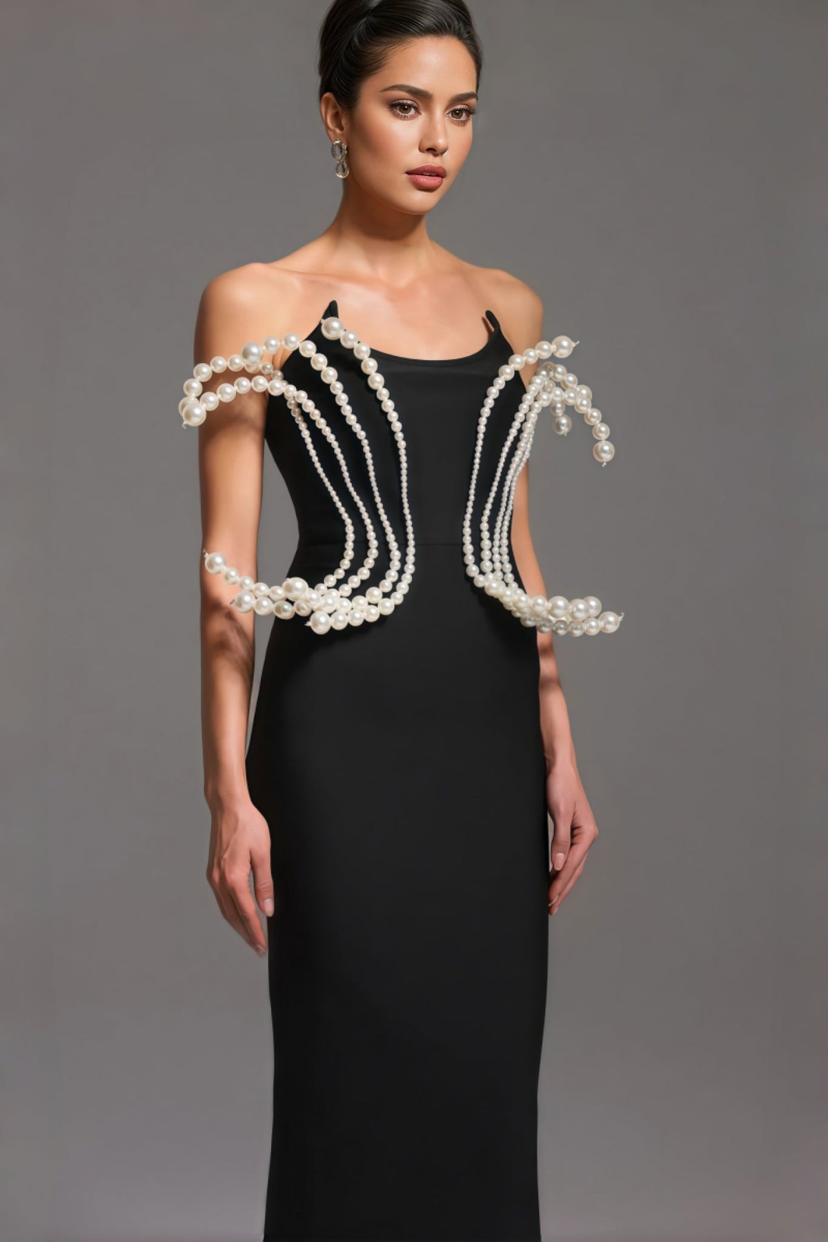 Pearl Embellished Spaghetti Strap Sculptural Bodice Column Maxi Gown - View 3