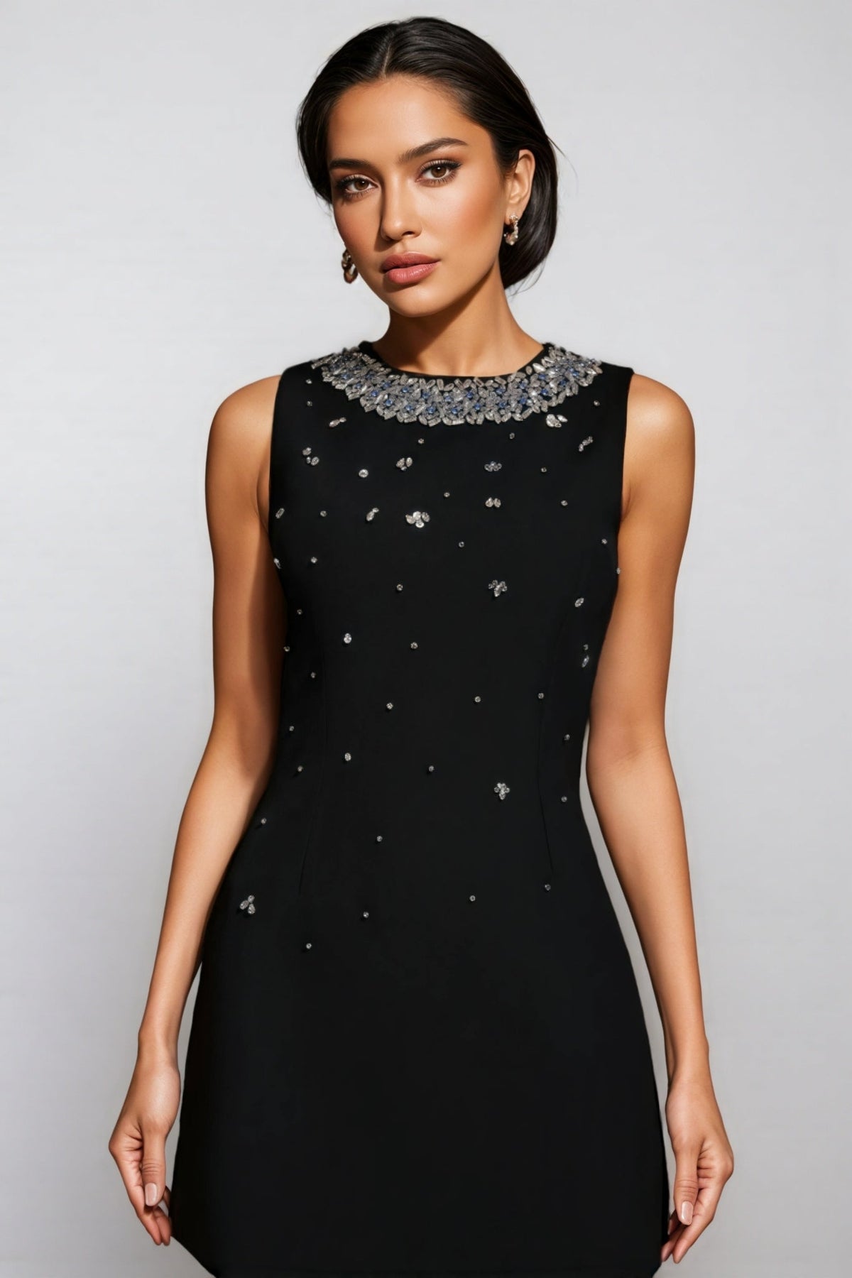 Beaded Floral Collar Sleeveless Shift Mini Dress - View 5