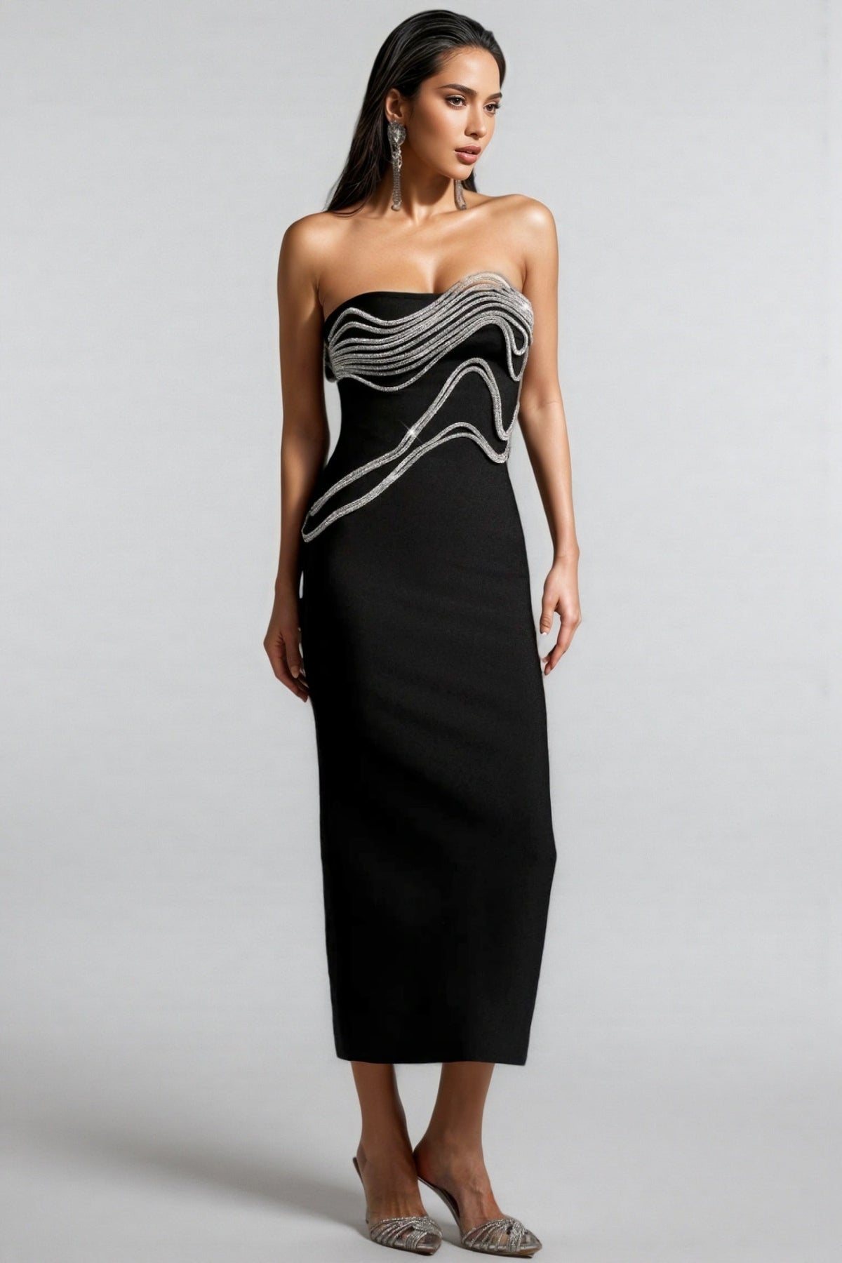Strapless Crystal Wave Rhinestone Embellished Bandage Midi Dress - View 4