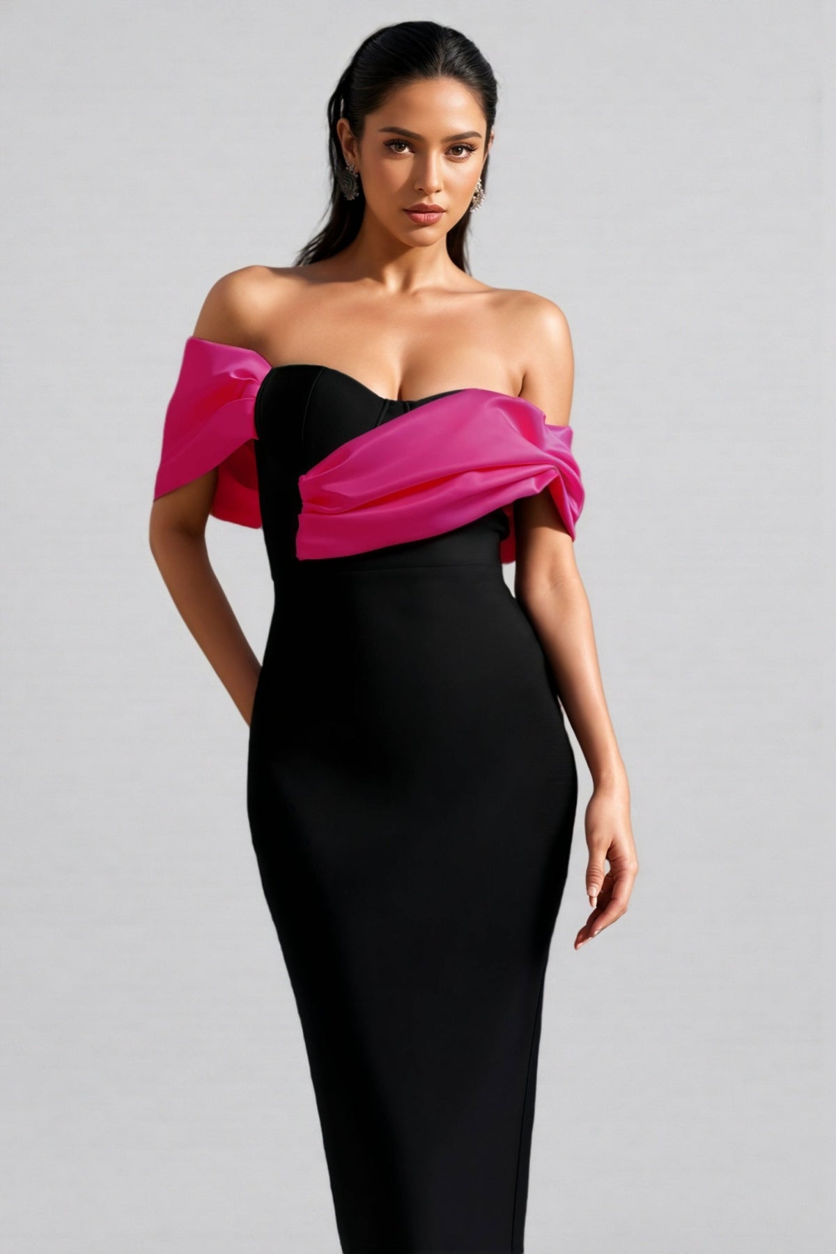 Off Shoulder Draped Fold Wrap Sweetheart Bandage Column Maxi Gown - View 4