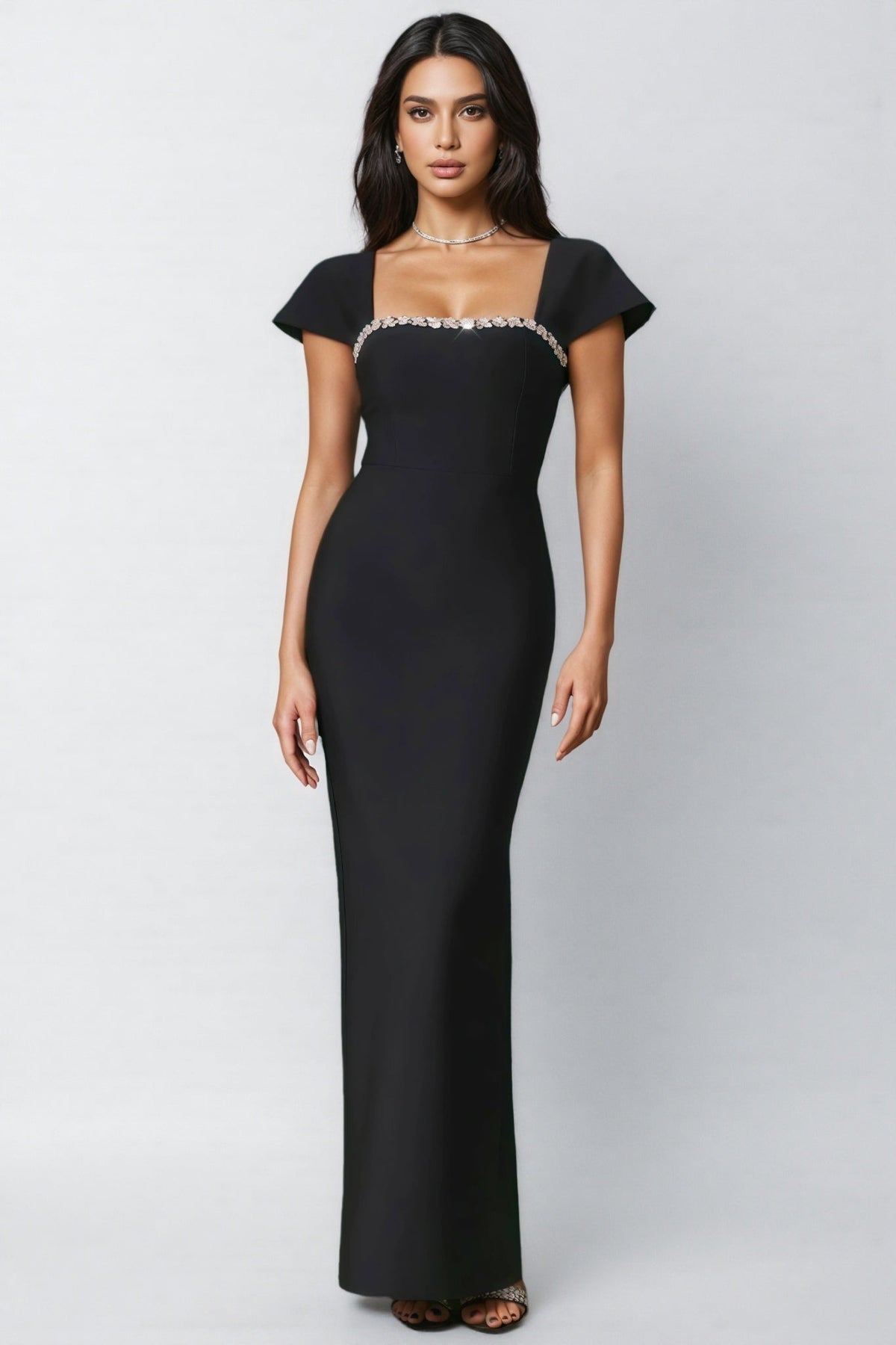 Crystal Trim Square Neck Cap Sleeve Column Maxi Gown