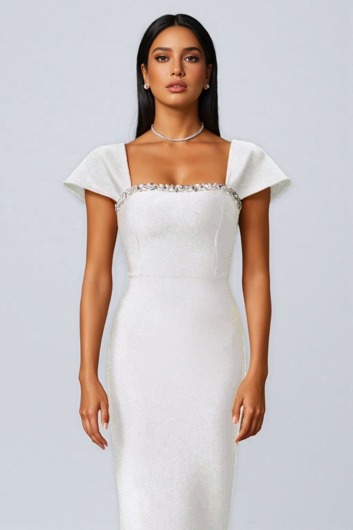 Rhinestone Trim Square Neck Cap Sleeve Shimmer Column Maxi Gown - View 4
