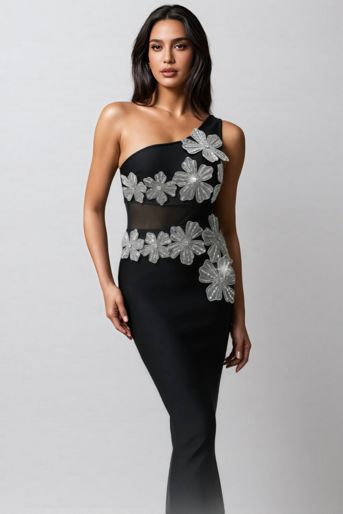 One Shoulder Floral Applique Mesh Cut Out Mermaid Maxi Gown - View 5