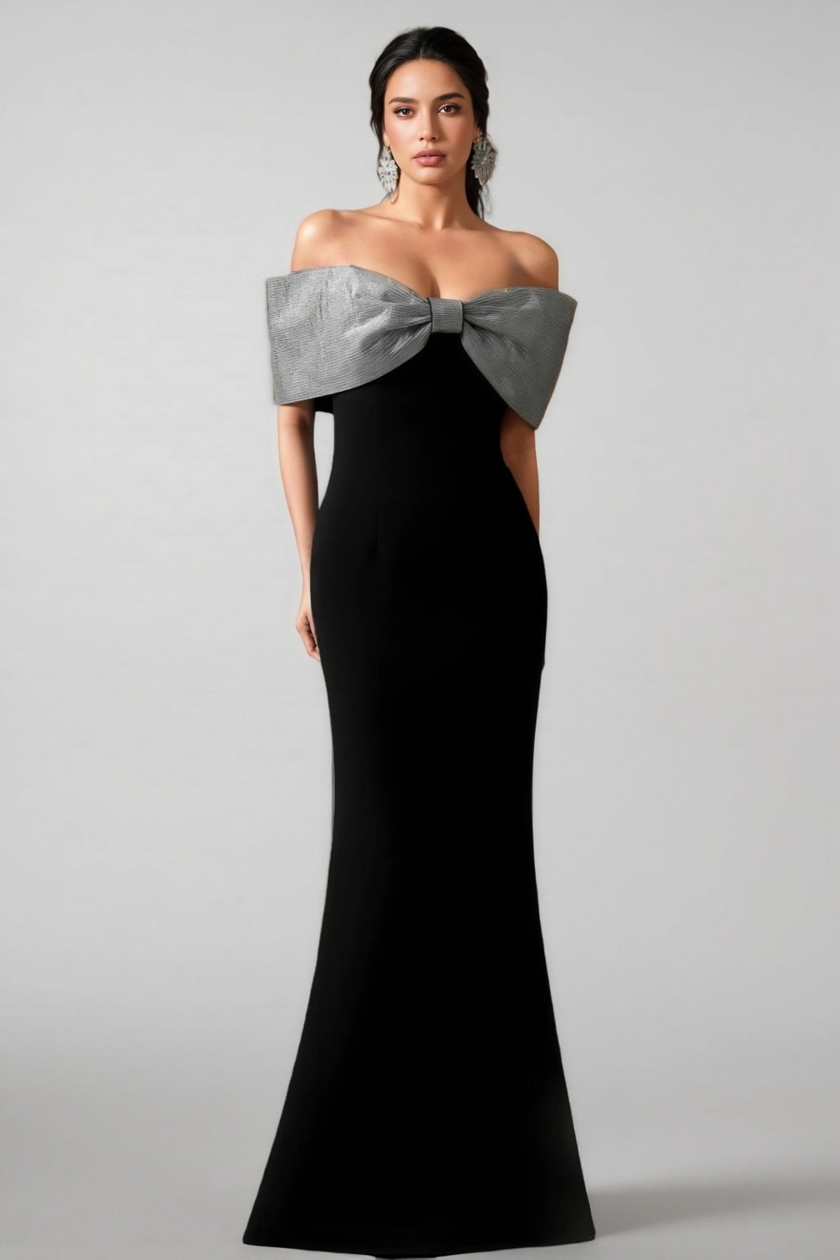 Off Shoulder Metallic Bow Bodycon Maxi Gown