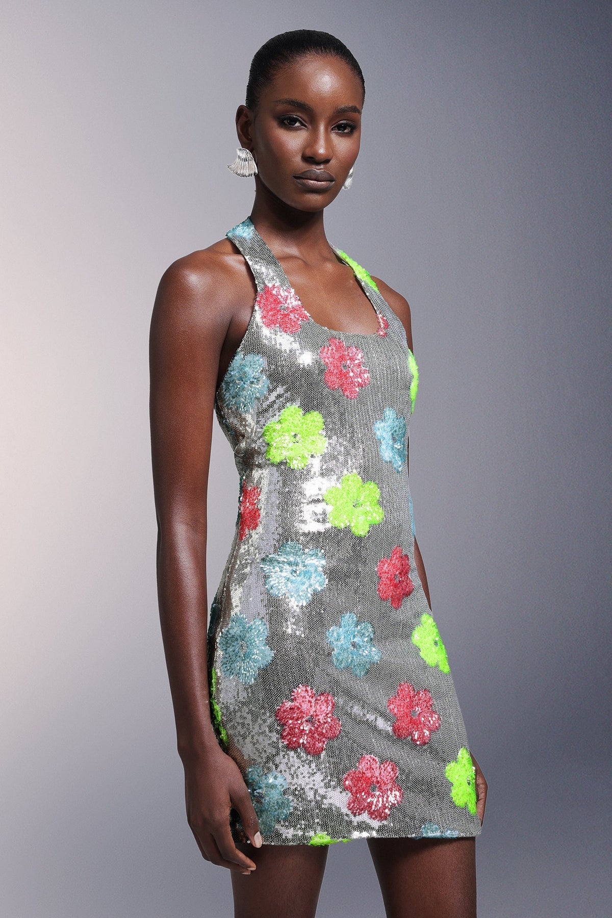 Floral Sequin Scoop Neck Backless Bodycon Mini Party Dress - View 4