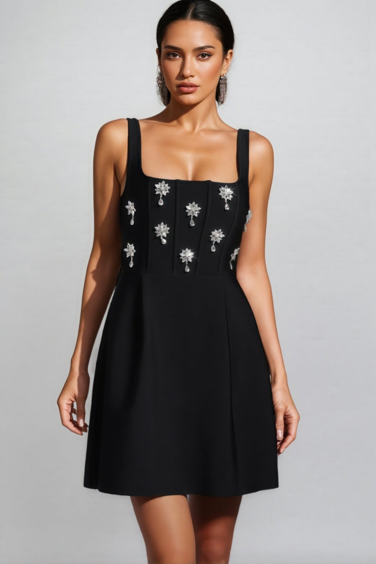 Rhinestone Corset Bodice Square Neck Sleeveless A-Line Mini Dress - View 3
