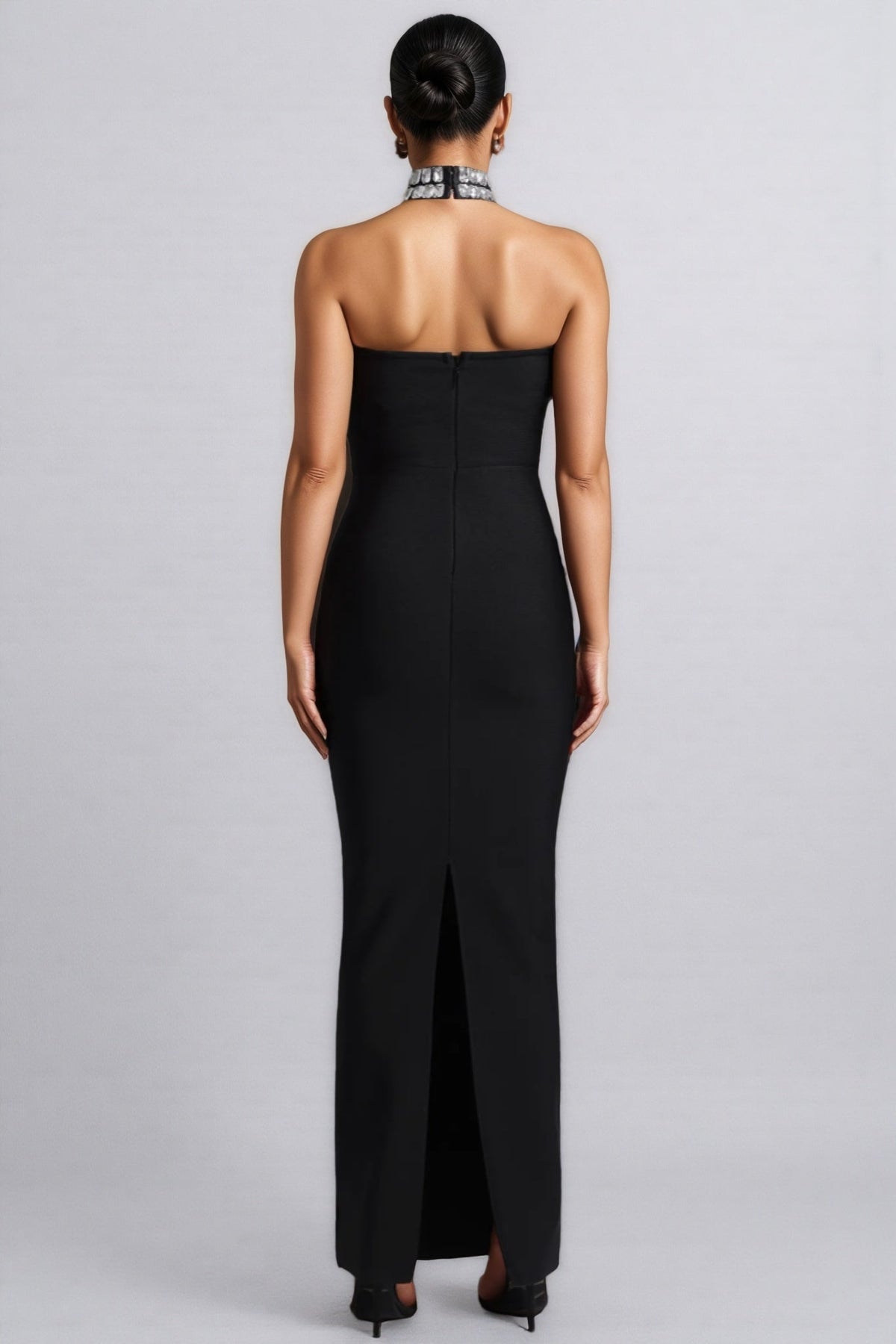 Crystal Swag Draped Strapless Bandage Bodycon Maxi Gown - View 5