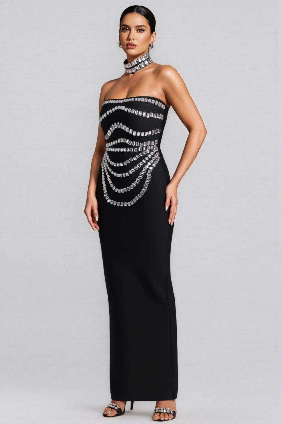 Crystal Swag Draped Strapless Bandage Bodycon Maxi Gown