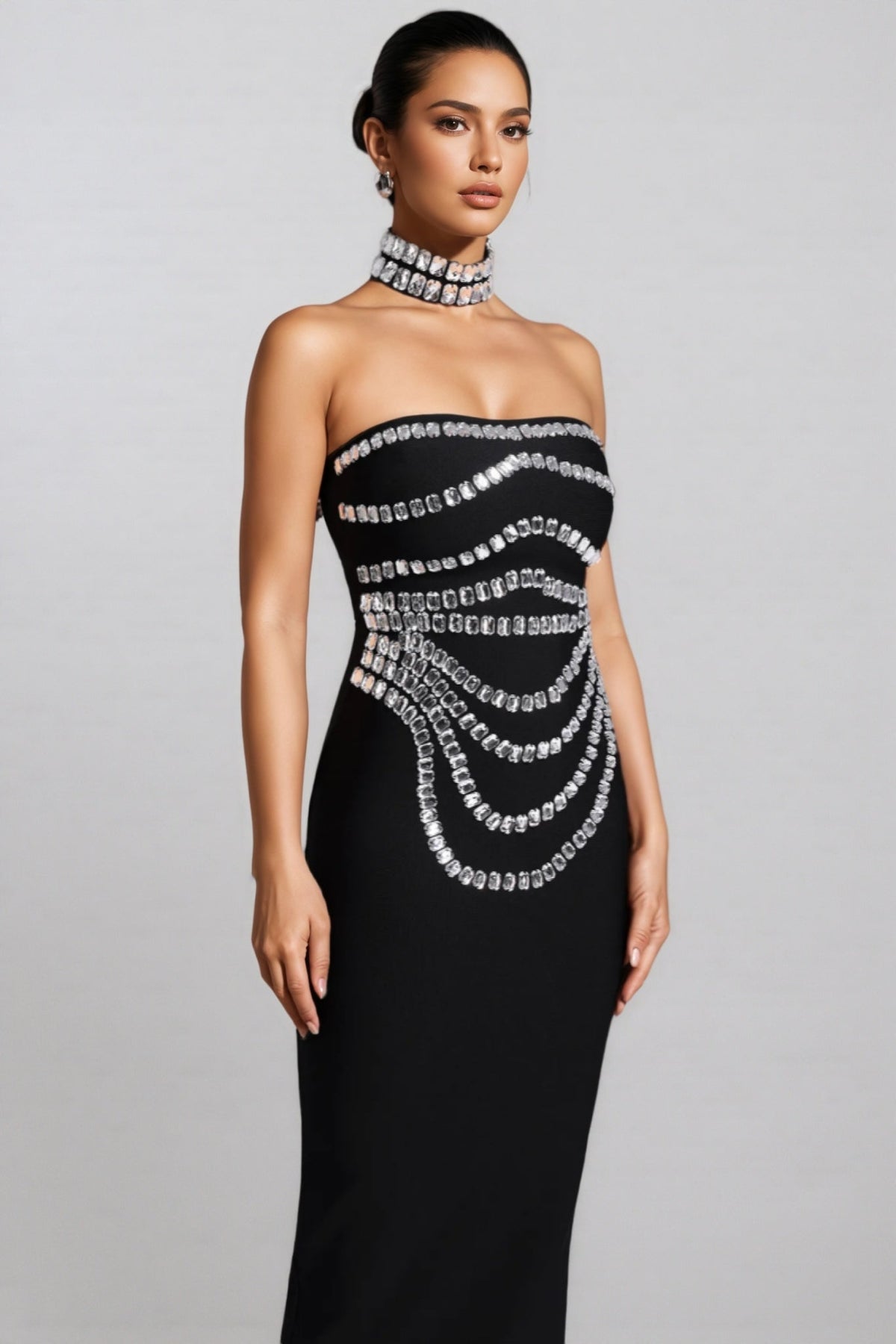 Crystal Swag Draped Strapless Bandage Bodycon Maxi Gown - View 3