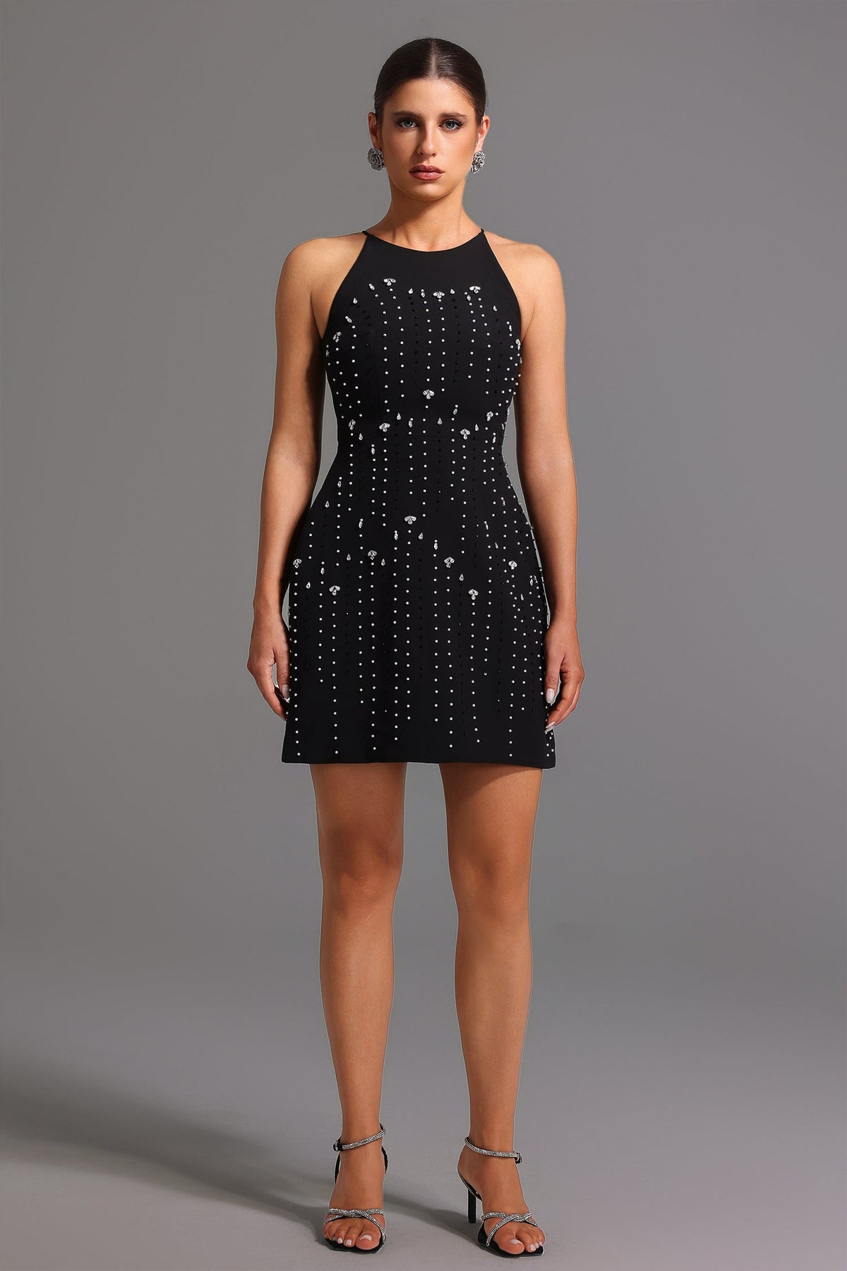 Pearl Rhinestone Vertical Stripe High Neck Bodycon Mini Dress - View 2