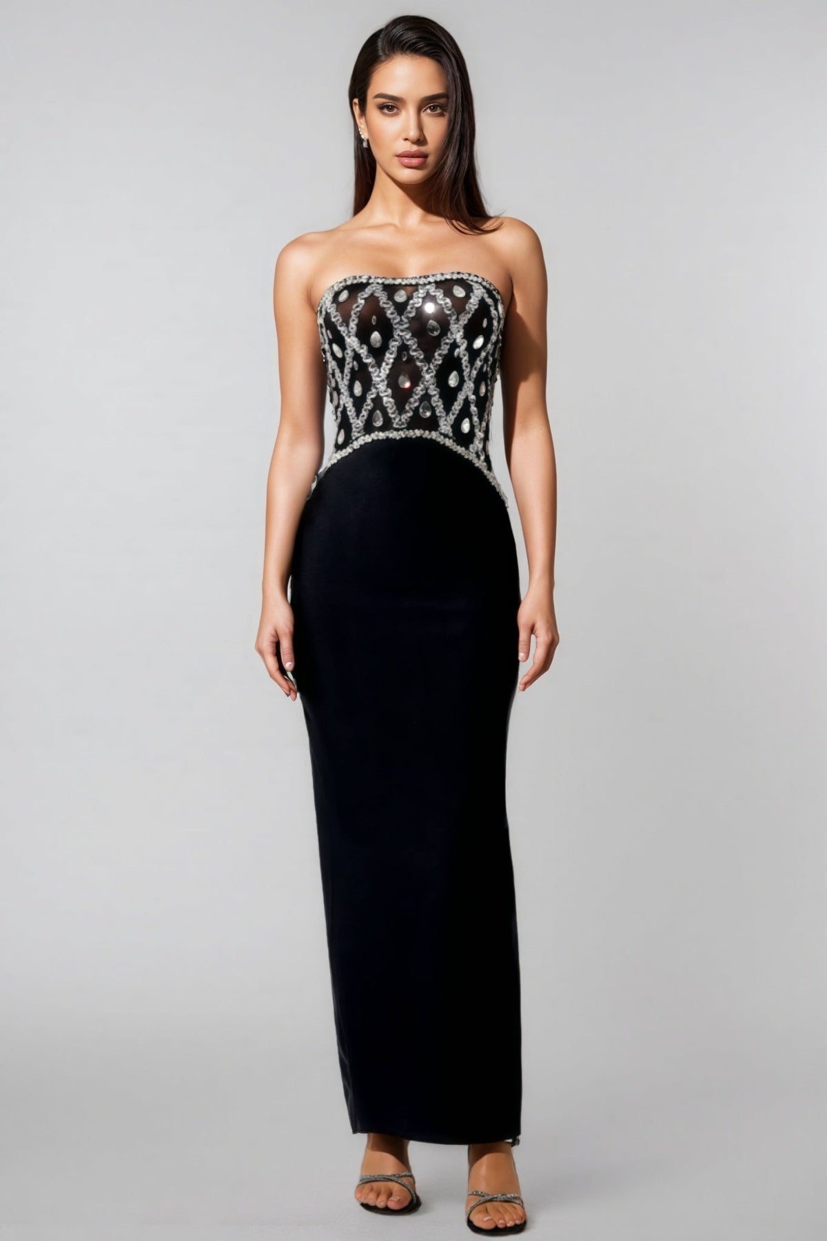 Crystal Lattice Mesh Strapless Scalloped Bodice Column Maxi Gown