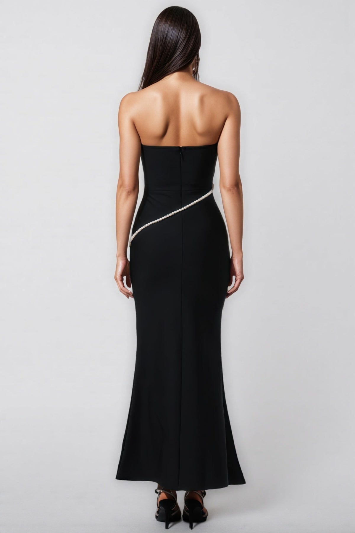 Strapless Sweetheart Pearl Trim Asymmetric Mermaid Maxi Gown - View 5