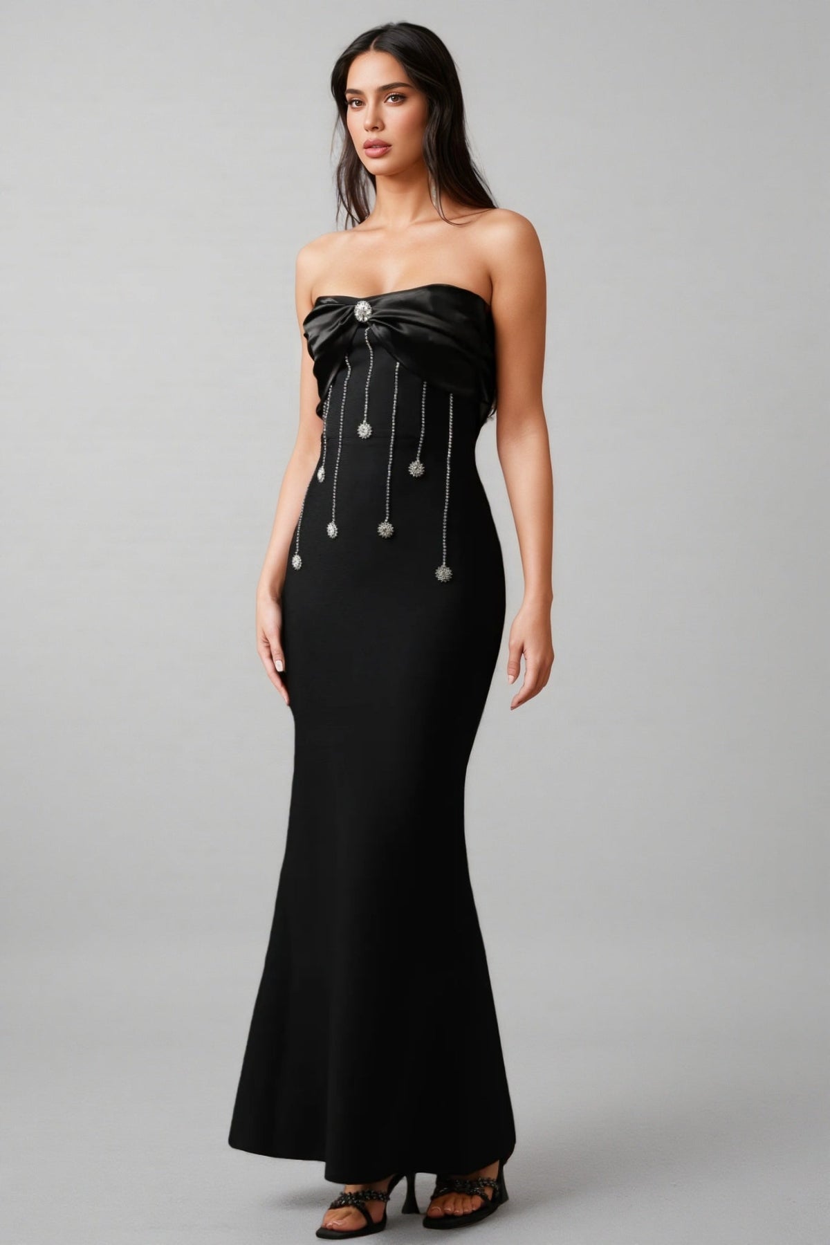 Rhinestone Bow Chain Fringe Strapless Bandage Mermaid Maxi Gown - View 2