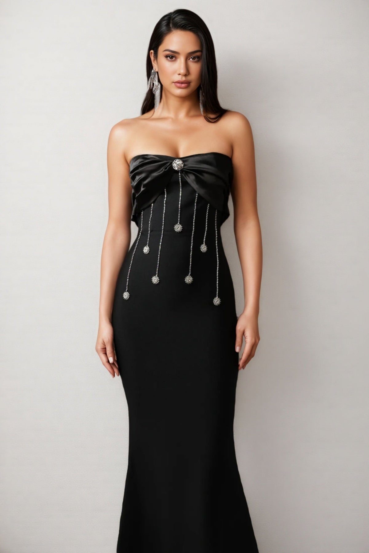 Rhinestone Bow Chain Fringe Strapless Bandage Mermaid Maxi Gown - View 3