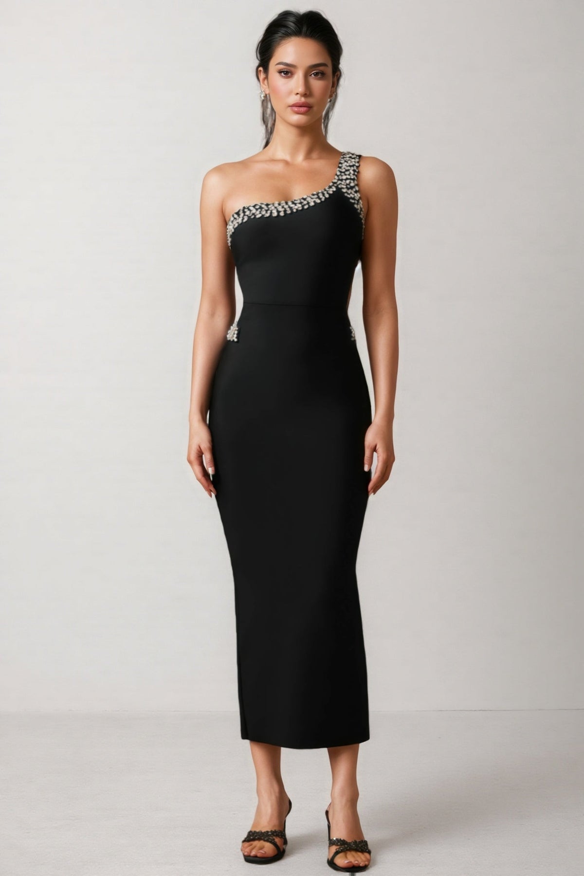 One Shoulder Pearl Rhinestone Trim Side Cut Out Bodycon Maxi Dress