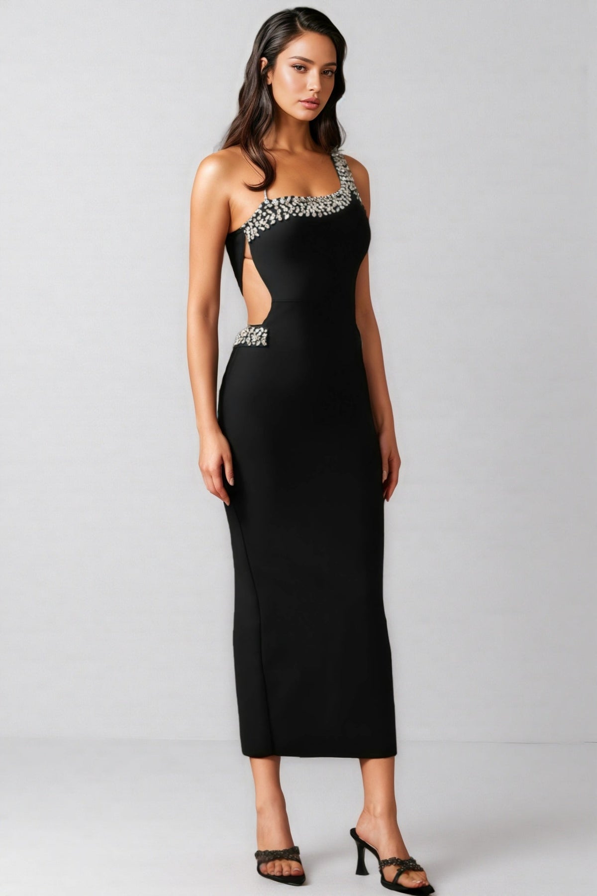 One Shoulder Pearl Rhinestone Trim Side Cut Out Bodycon Maxi Dress - View 2