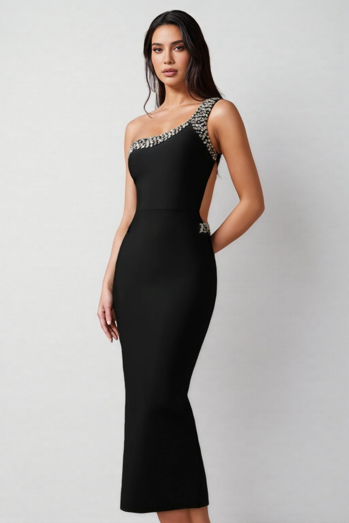 One Shoulder Pearl Rhinestone Trim Side Cut Out Bodycon Maxi Dress - View 3