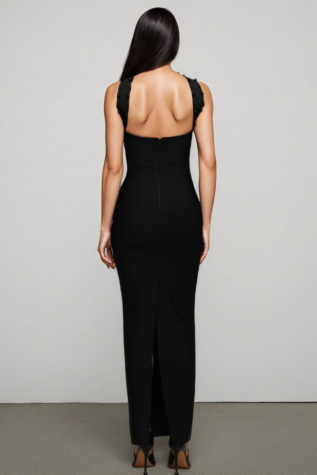 Pearl Beaded Strapless Choker Neck Bandage Bodycon Maxi Dress - View 5