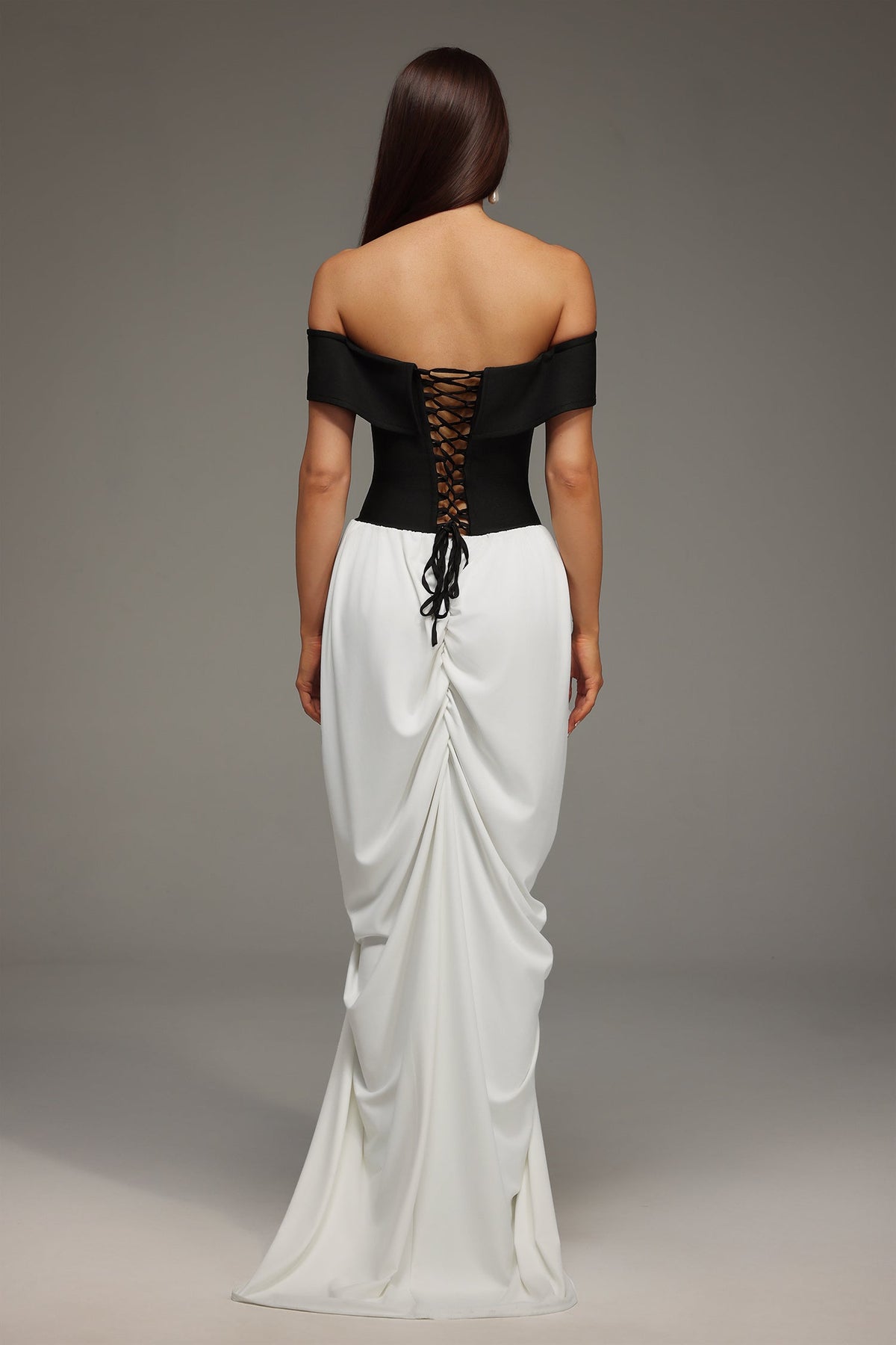Off Shoulder Sweetheart Color Block Draped Gathered Maxi Gown - View 6